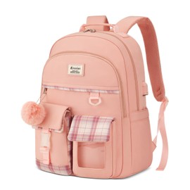 KROSIAS School Backpack for Teen Girls, Cute Kawaii Plaid Bookbag College Backpacks for Women 15.6 Inch Laptop Bag for Kindergarten Elementary Preschool Middle High School Students, Pink