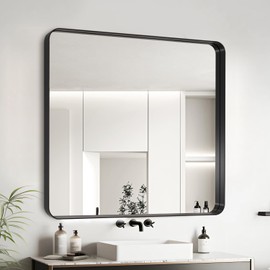 Black Metal Framed Bathroom Mirror for Wall, Rounded Rectangle Mirror, Matte Black Bathroom Vanity Mirror Farmhouse, Anti-Rust, Hangs Horizontally or Vertically (38x38)