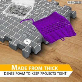 POSHVIBES 9 Extra Thick Blocking Mats for Knitting & Crochet Projects - Pack of 9 with 200 T-Pins, Reusable Storage Bag, 12.6x12.6x0.7 Inches - Gift for Knitting Lovers