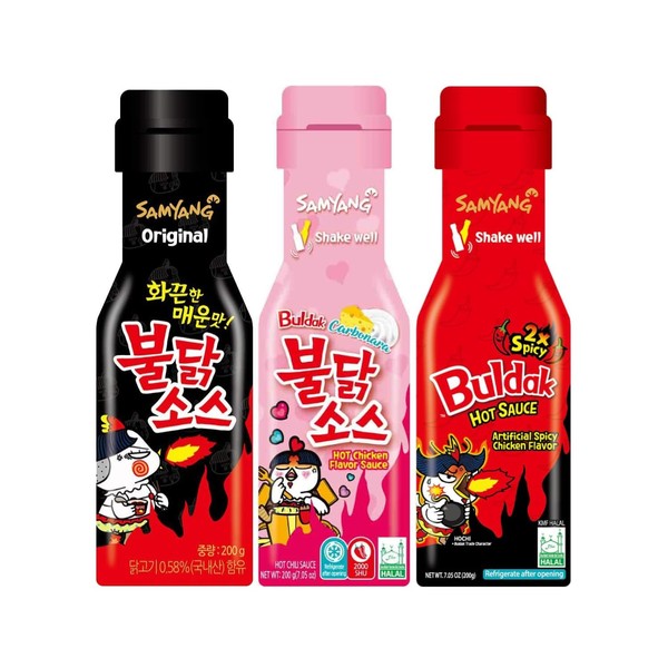 Samyang Buldak Sauce Hot Sauce Variety Set - Buldak Ramen Carbonara, Hot Sauce Piquante, Hot Chicken Flavor x2 Spicy (3 x 200g) - Fire Noodles Challenge