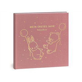 My First Year Baby Album - High-Quality Linen Book with Gold Embossing for the Most Beautiful Memories - Baby Book to Enter for the First Year of Life - Baby Gift for Birth (Balloons Rose)