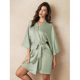 AW BRIDAL Silk Satin Robes Short Kimono Bathrobe Dressing Gown for Brides Bridesmaids Wedding Party, Sage Green, S