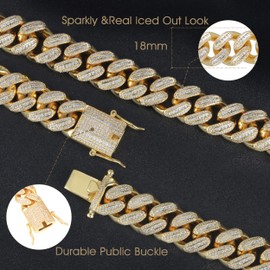 PY BLING Hip Hop Mens 18mm White Golden/18K Golden Plated Full Iced Out Baguette Miami Cuban Link Chain Choker CZ Lab Diamond Necklace/Bracelet 8.5"-28"(18k,20)