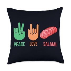 Peace Love Salami Funny Shirt Gift for Meat Lovers Salami Lover Costume with Peace and Love Signs Funny Italian Throw Pillow, 18x18, Multicolor