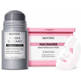 SKINTIFIC Kit Skincare Coreano Aclarador y Purificante - Mascarilla con Niacinamida 30 pzas + Barra de Arcilla Volcánica 40g, Control de Grasa, Puntos Negros y Tratamiento Anti-Manchas