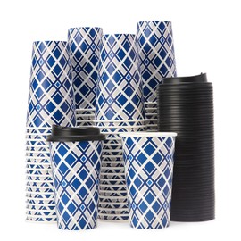 Tamone 100 PACK 16OZ Disposable Coffee Cups with Lids, To Go Coffee Cups with Lids Leak Proof, Blue Paper Cups Lattice Design for Cold/Hot Coffee Beverage Chocolate Cocoa for Home Office