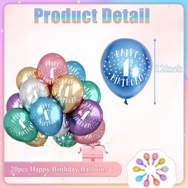 Jwssor 1st Balloons,20pcs 12inch Metallic Balloons,Multicolored Number One Balloons for Girls Boys Kids,1st Birthday Decoration,Number 1 balloons for Birthday Party