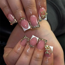 24Pcs Gold French Tip Press on Nails Short Square Fake Nails with Star Rhinestones Design Glitter False Nails Full Cover Artificial Glue on Nails Cute Stick on Nails Reusable Nail Supplies for Women