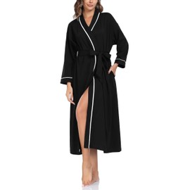 COLORFULLEAF 100% Cotton Dressing Gown Women's Lightweight Long Sauna Bathrobe Long Sleeve Kimono with Pockets Women Sleepwear, black