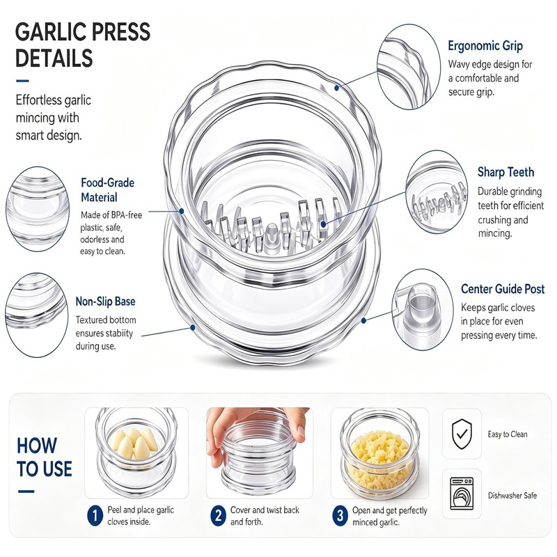 2PCS Clear Garlic Crusher, Manual Garlic Crusher and Ginger Mincer