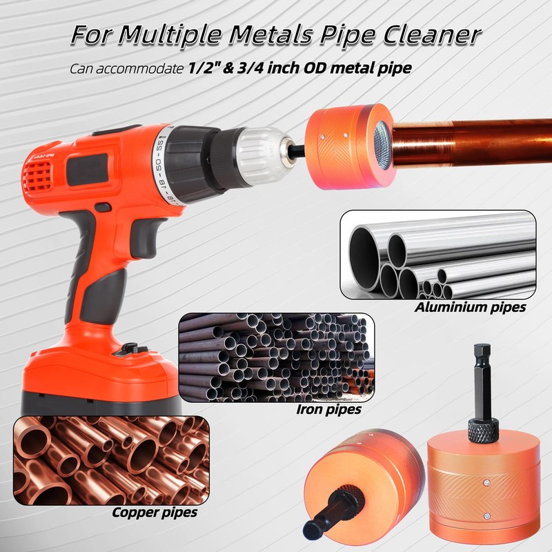 Metal Copper Pipe Cleaner for Drill, 2 Tube Cleaning Brush(1/2",3/4")