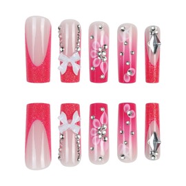 Rose Pink Press on Nails Long Square Fake Nails with Rhinestones Bow Flower Design Cute Acrylic Nails Press ons French Full Cover Glue Stick on Nails for Women 24 Pcs