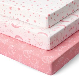 Unnivoll Unnivoll Pack and Play Sheets Fitted 3 Pack, Mini Crib Sheets for Pack N Play Mattress Stretchy Portable Playard Sheets, Soft Breathable Pink White Moon