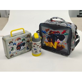 rockpapa 5 Compartment Bento Lunch Box for Kids with Uensils & Insulated Water Bottle & Lunch Bag with Strap, BPA-Free Lunch box Containers Set for School Boys Girls Ages 3+ (Grey Trucks)