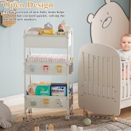 3-Tier Baby Diaper Caddy Cart Organizer,Mobile Nursery Organization with Wheels,with 2 Dividers & 14 Mesh Pockets Durable Metal Utility Cart for Nursery, Bedroom, Bathroom Essentials Organization