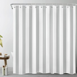 LB Grey and White Shower Curtain, Ombre, Striped, Anti-Mould, Waterproof Bathroom Curtains, Abstract, Geometric, Extra Long, Polyester Fabric Bathroom Curtain with Hooks, 180 x 200 cm