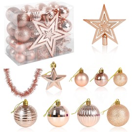 VEYLIN Christmas Tree Decorations Set of 40 Rose Gold Christmas Baubles Hanging Ball Tinsel Garland Star Tree Topper Ornaments