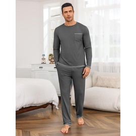 Demegimi Mens Pyjamas Set Long Sleeve Crew Top and Cotton Lounge Pants Winter Mens PJS Sets Loungewear Sleepwear Grey