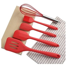 Silicone Kitchen Utensil Set - Heat Resistant Spatulas, Whisk, Brush - ADBI's Cooking Tools (RED)