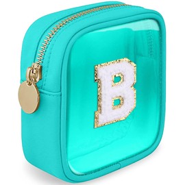 LOFOWN - Bolsa de maquillaje transparente con inicial, pequeña bolsa de cosméticos de viaje, bolsa de aseo transparente con cierre, bolsa organizadora para mujer, Verde, B, Bolsa de maquillaje pequeña