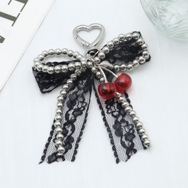 Atifober Black Coquette Pearl Bow Lace Keychains, Cute Purse Charms Handbag Pendant Y2k Bowknot with Red Cherry Silver Metal Bow Keychain Accessories for Woman