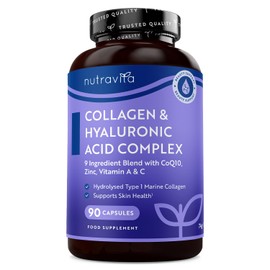 Marine Collagen und Kollagen Kapseln Komplex with Magnesium + Vitamin D + Vitamin C + Zink + Vitamin B12 + Q10 + Vitamin A - 90 Hyaluron Kapseln Hochdosiert für 3 Monate Vorrat - Nutravita
