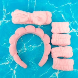 AOPRIE SPA Headbands for Washing Face Makeup Headbands with Bow Hair Band Women Facial Head Band Wrist Towel Wraps For Shower Face Mask Pink Style Pink, 6 Pack