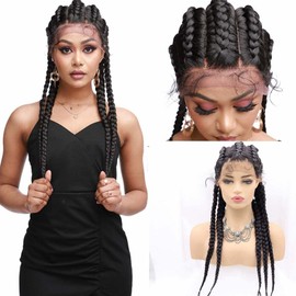 Xiweiya Wigs Natural Black Braid Wig Synthetic Black Braid Lace Front Wigs 5Box Braiding With Baby Hair 360Lace Braid Wig Hand-Made Cornrow 5Braids Hair Wig