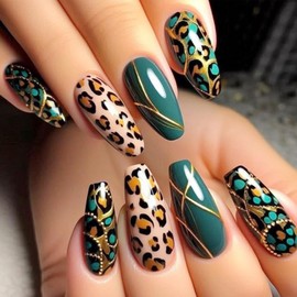 24Pcs Press on Nails Medium Square Fake Nails Long Coffin False Nails with Designs Leopard Glue on Nails Green Acrylic Nails Glossy Artificial Nails Full Cover Stick on Nails for Coquette Women