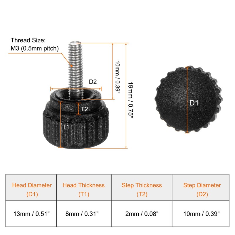sourcing map 20pcs Knurled Clamping Knobs Thumb Screws M3 x