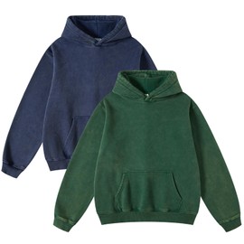 FAIABLE 2 Pack Acid Wash Oversized Vintage Unisex Heavyweight Distressed Cotton Fleece Washed Hoodie for Men Women Couples Streetwear College Green Blue