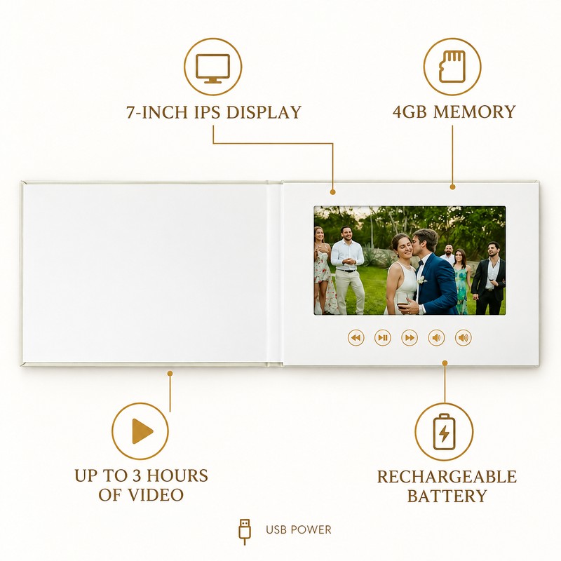 7 Inch Digital Wedding Video Album, Linen Hardcover Video Book