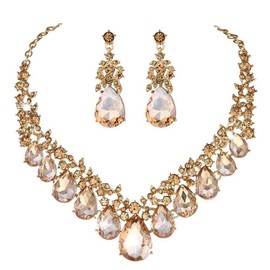 Qlavoca Women's Costume Fashion Crystal Teardrop Crystal Bridal Statement Necklace Dangle Earrings Set (Champagne-Gold-Tone)