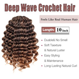 ToyoTree Deep Twist Crochet Hair - 10 Inch 8 Packs Ombre Brown Short Curly Deep Wave Crochet Hair, Synthetic Ocean Wave Braiding Hair Extensions (10 Inch,T4/30-8P)