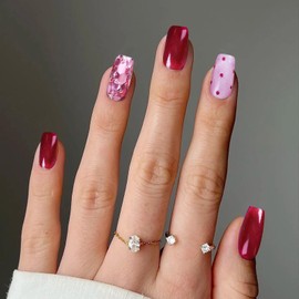 Cihcshe Press on Nails, 100% Handmade Red Pink Fake Nails， Square-Oval Reusable Stick On Nail Kit, Red Advanced Custom Acrylic Nails Press Ons for Women, 10Pcs