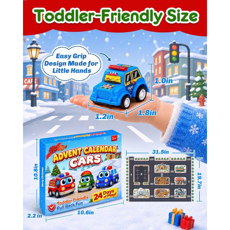 Car Advent Calendar 2026 for Toddlers, 24 Pull Back Vehicles