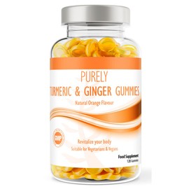Turmeric and Ginger Gummies | 120 Tasty Natural Orange Flavour Gummies for Adults | Suitable for VEGETERIANS & Vegans | Joint & Immune Health