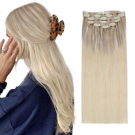 Sunny Ombre Clip Hair Extensions Human Hair Brown to Blonde Clip in Hair Extensions Ombre Light Brown to Platinum Blonde Clip in Hair Extensions Real Human Hair 16inch 120g 7pcs