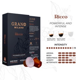 Grano Milano Ricco Coffee Capsules - 50 Aluminium Coffee Pods Compatible with Nespresso Original line, Dark Roast - Intensity 11/12, Made in Italy, (Packaging May Vary)