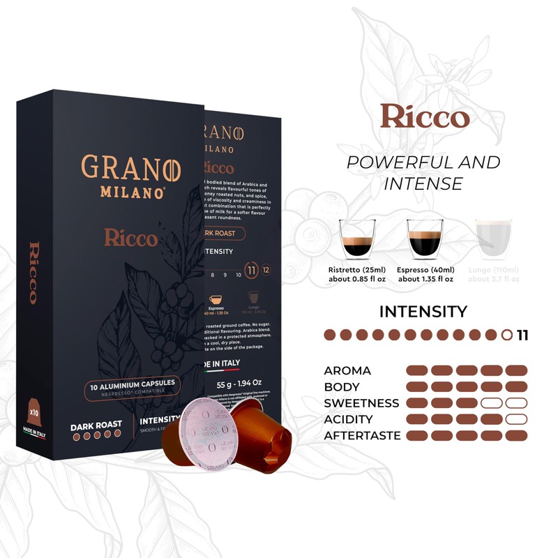 Grano Milano Ricco Coffee Capsules - 50 Aluminium Coffee Pods