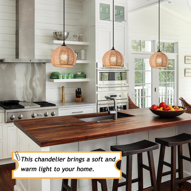 AyshwillDec 3 Pack Woven Pendant Light Boho Chandelier Dome Rustic