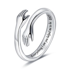 LOVECOM S925 Sterling Silver Hug Rings for Women Adjustable Hugging Hands Open Ring for Men Promise Rings Jewelry Birthday Mothers Day Gifts for Dad Mom Wife Daughters Grandma Best Friend (Everything I am you helped me to be, US Size 8)