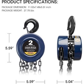 BIG RED ATR9020UR Manual Hand Lift Steel Chain Block Hoist with 2 Heavy Duty Hooks, 2 Ton (4,000 lb), 8ft/2.5m Blue