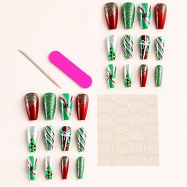 24Pcs Christmas Press on Nails Medium Length Christmas Tree Fake Nails Square Shape Red Green Stripe Bow Acrylic Nails with Glitter New Year False Nails Stick on Nails for Women Girls Xmas Nail Art