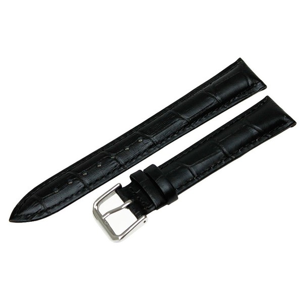 RECHERE 13mm Black Leather Watch Band Strap Silver Pin Buckle