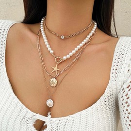 4Pcs Seashell Necklace for Women Adjustable Pearl Conch Necklace Starfish Shell Necklaces Set Boho Beach Vacation Jewelry Accessories (A Style)