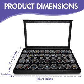 Novel Box Large Jewelry Display Case 14.75x8.25x1.15 + 36 Gems Jars - Magnetic Jewelry Box Detachable Clear Acrylic Lid & Black Tray Foam Liner - Rock Storage Box - Display Box for Collectibles