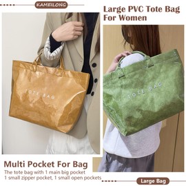 KAMEILONG Women's Large PVC Tote Bag Letters Print Handbags Kraft Paper Shoulder Bag Clear Shopping Hobo Bag (Green)