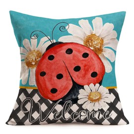 Qinqingo Ladybug Throw Pillow Covers 18 x 18 Inches Summer Wild Dasiy with Welcome Words Cushion Case Cotton Linen for Seasonal Holiday Summer Outdoor Decor