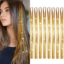 Hair Tinsel Gold 50inch 8packs 1600 Strands Tinsel Hair Extensions Shiny Hair Accessories Sparkling Fairy Glitter Hair Extension for Women Girls Kids(50",Gold)